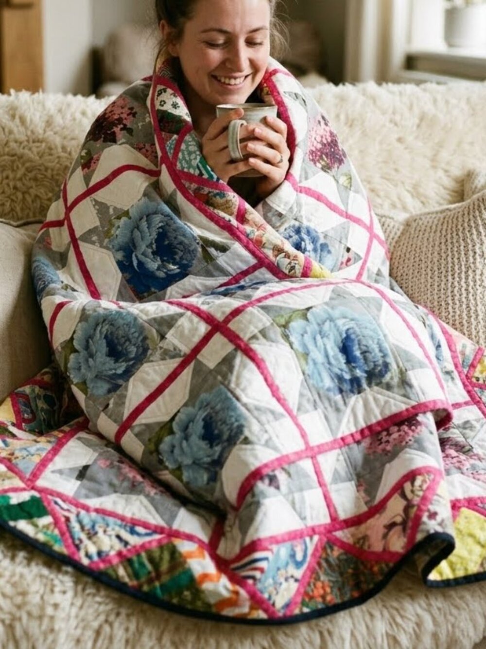 Handmade Quilt-As You-Go Blanket Throw Small Comforter Hydrangea Floral Bedding
